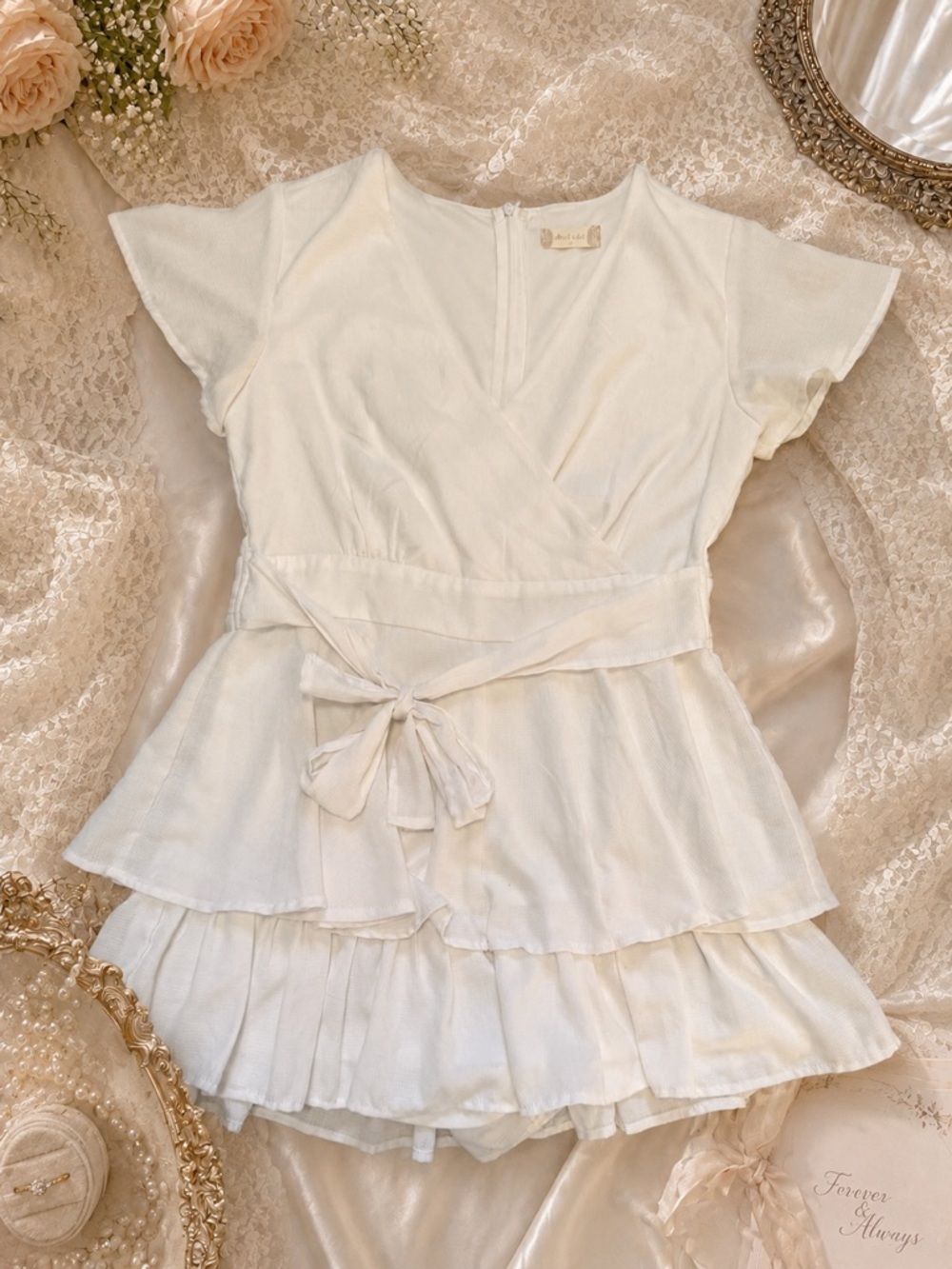 Altar’d State White Wrap Romper Dress Ruffle Tie Waist Cottagecore Bridal Medium